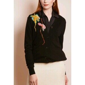 New Jessie Liu 100% Merino Wool Black Cardigan With Applique Chic Sz Small $295